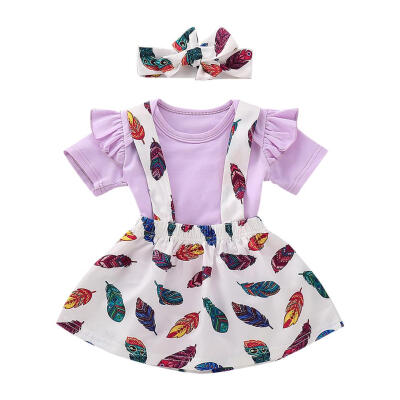 

3pcs Cute Clothes Set Feather Print Kids Girls Romper Sling Dress Hairband