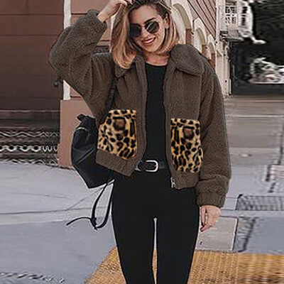 

Toponeto Women Fashion Turn-down Collar Pockets Leopard Print Plush Cardigan Coat Tops