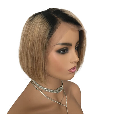 

AIOSM Short Bob Lace Frontal Human Hair Wig 1B27 Ombre Color 150 Density