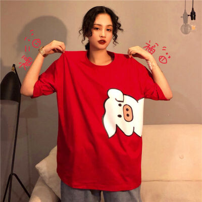 

Women Summer Good Luck Pig Cartoon Tops Short Sleeve Casual Female T-Shirt Simple Wild Lucky Girl Tops Couple Clothes