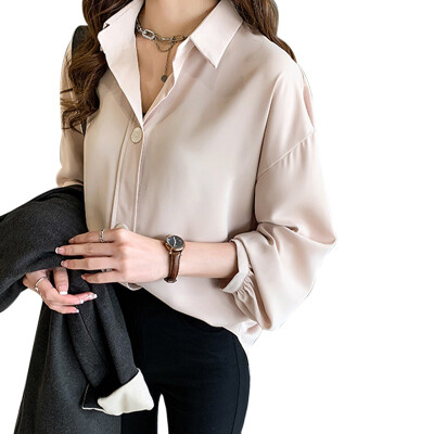 

Chiffon Turn Down Collar Blouse Women Solid Long Sleeve Loose Blouse OL Fashion blusas mujer de moda Korean Style plus size