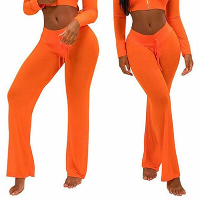 

Womens Flared Pants High Waist Leg Mesh Lace See Through Casual Long Trousers