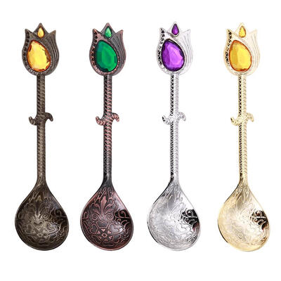 

4pcs Metal Coffee Ice Cream Spoon Vintage Zircon Kitchen Dessert Tableware