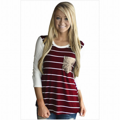 

Round neck cropped sleeves with sequined pockets casual straight top