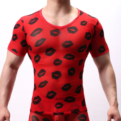 

Toponeto Mens Sexy Short Sleeve Sports Short Sleeve Lip Print Short Sleeve