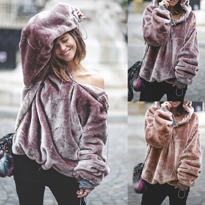 

Roseonmyhand Womens Fluffy Sweater Warm Outwear Long Sleeve Hooded Sweatshirt Oversize Coat