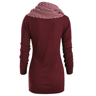 

Toponeto Women Striped Buttons Scarf Skew Neck Long Sleeve Knitted Sweater Pullover Coat