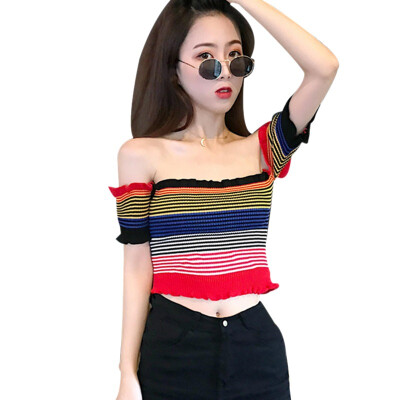 

Summer Sexy Ruffles Striped Slash Neck Cropped T-shirts Women Short Sleeve Knitted Casual Tee Women Crop Tops For Girls