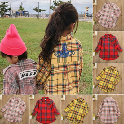 

Toddler Kids Baby Boy Girl Cotton Long Sleeve Plaid Shirt T-shirt Top Clothes