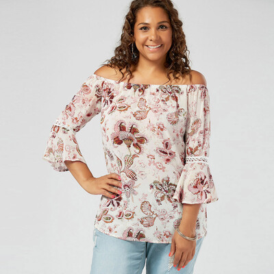 

Nomeni Plus Size Women Floral Print Lace Off Shoulder Flare Sleeve T-Shirt Tops Blouse