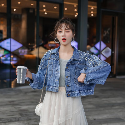 

Autumn Women Solid Color Beaded Bat Sleeve Lapel Collar Jacket Loose Casual Short Denim Coat Tops