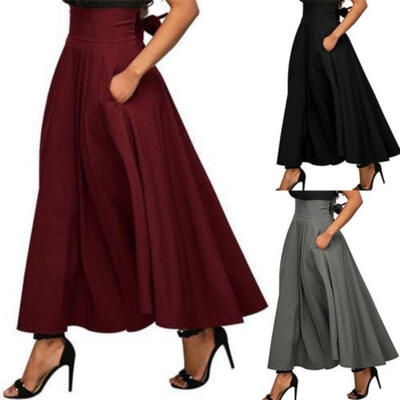 

Vintage Women Stretch High Waist Belt Flared Pleated Swing Long Maxi Skirt Dress