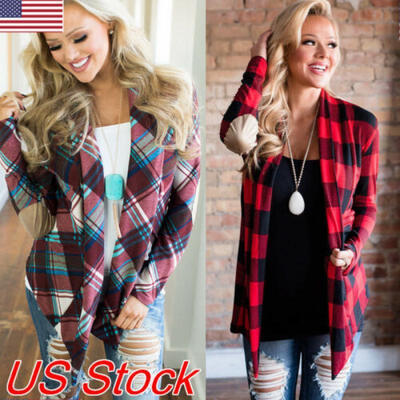 

Womens Buffalo Plaid Cardigans Long Sleeve Elbow Patch Draped Open Front Shirt