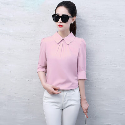 

Women Pure Color Long Sleeve V-neck Tops Button Ladies Casual Loose Blouse Shirt