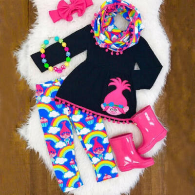 

3Pcs Kids Baby Girls Outfits Clothes T-shirt Tops DressLong Pants Headband Set