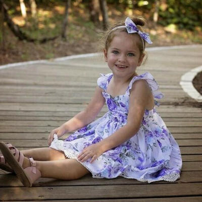 

Toddler Baby Girl Sleeveless Clothes Purple Flower Backless Party Dress Sundress