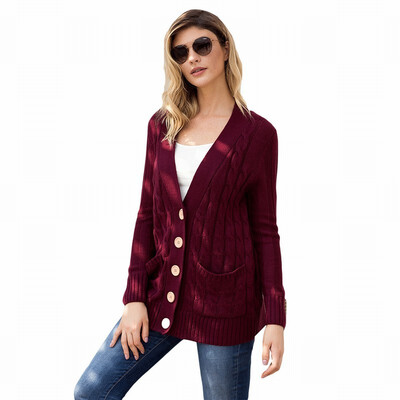 

V-neck button pocket long-sleeved sweater cardigan casual womens knit sweater