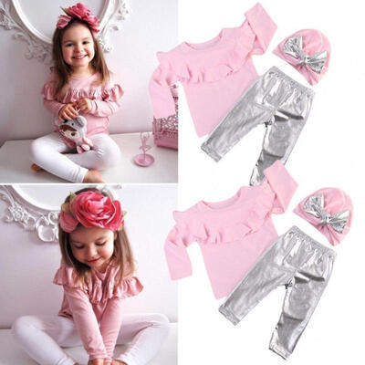 

Fashion Toddler Kids Baby Girl Clothes Ruffles Long Sleeve Pink T-shirt TopsShinny Legging Pant Hat 3pcs Clothing Set
