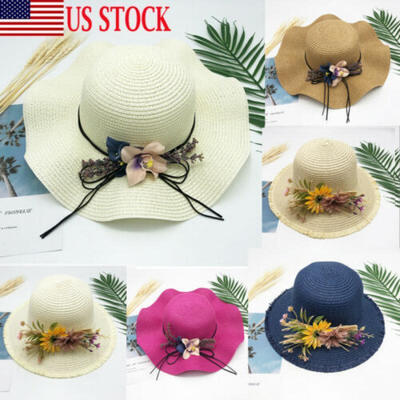 

US Womens Summer Large Floppy Folding Wide Brim Sun Cap Straw Flower Beach Hat