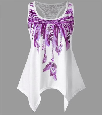 

New Women Sleeveless Feather Printed Vest Tank Top O Neck Asymmetrical Tee Shirt Plus Size Summer Blouse