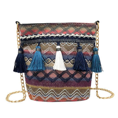 

Vintage Print Tassels Handbags Women Straw Chain Shoulder Crossbody Bags