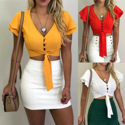 

Fashion Womens Ruffled Button-Down Shirt Top Shirt Casual Blouse Solid Color UK
