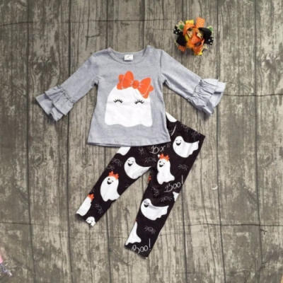 

Cute Halloween Baby Girl Long Sleeve Round Neck Cute Ghost Pattern Top Pants 2 Piece Set