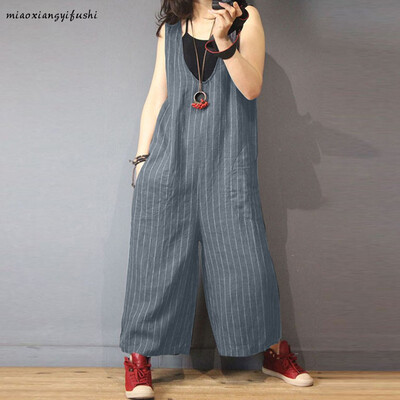

Starmoon Fashion Woman Summer Striped Print Casual Cotton And Iinen Long Jumpsuit