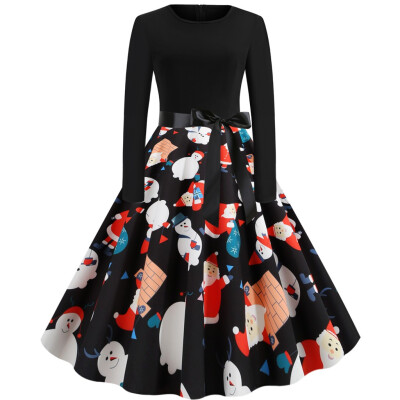 

Tailored Women Fashion Christmas Print Dress Round Neck Zipper Hepburn Party Dress