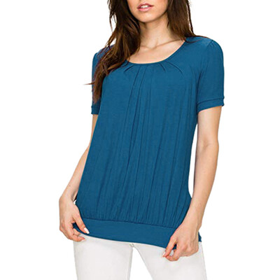 

Nomeni Women Scoop Neck Short Sleeve Casual Front Pleated Tunic Blouse Shirts Top