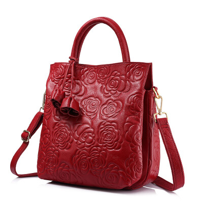 

REALER brand genuine leather handbag female leather black tote bag high quality floral embossed handbag ladies shoulder bag