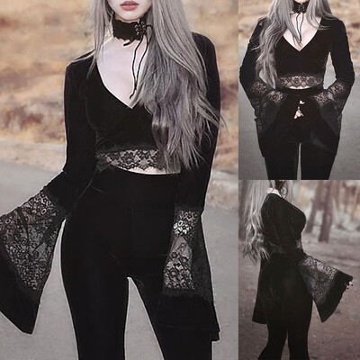 

Tailored Women Fashion Solid V-neck Lace Patchwork Bow Long Pagoda Sleeve Short Blouse