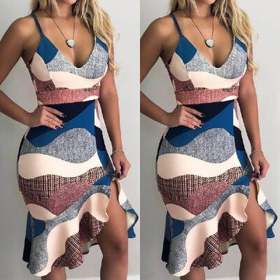 

Europe&the United States spring&summer WISH hot sale dress low-cut sling V-neck ruffled bag hip dress ZC3254 Mottled