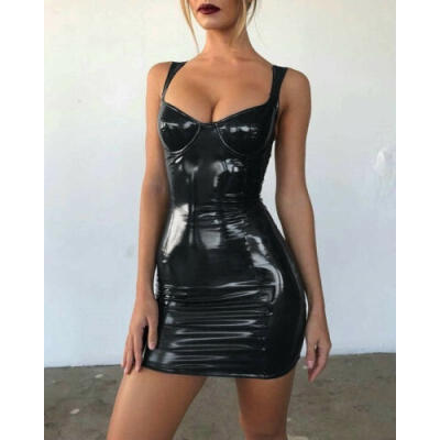 

New Women Sexy Dirndl Latex Faux Leather Bodycon Evening Party Cocktail Dresses Mini