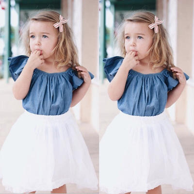 

2Pcs Kids Baby Girl Denim Tops BlouseWhite Skirt Party Tutu Clothes Set Outfits