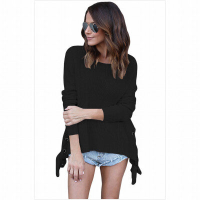 

Round neck long sleeve side cross tie casual knit sweater