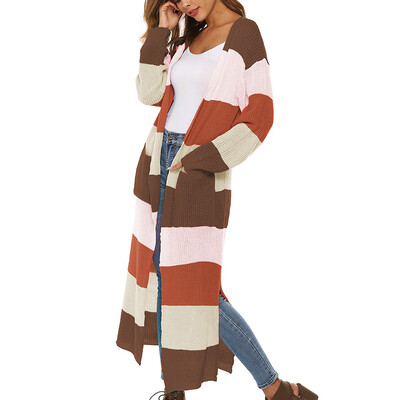 

Knit Long Loose Round Neck Rainbow Striped Cardigan Sweater Long Sleeve Cardigan