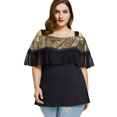 

Plus Size Cold Shoulder Sequins Ruffled T-shirt