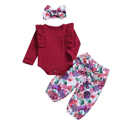 

Girls Baby Rompers Set Autumn Floral Print Fashion Infant Pants Headband