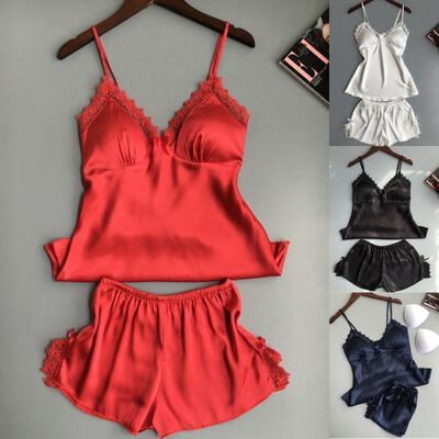 

2pcsset Fashion Sexy Women Satin Lace Robe Shorts Sleepwear Babydoll Nightdress Pajamas Padded