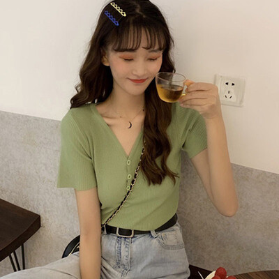 

Women V Neck Solid Slim Knitted T-Shirt Pullover Buttons Shirt Casual Short Sleeve T Shirt