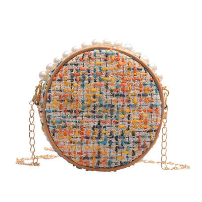

Elegant Pearl Clutch Women Shoulder Messenger Round Chain Cloth Zipper Bags