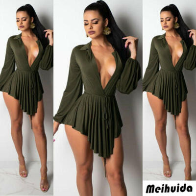 

US Sexy Women Long Sleeve V Neck Casual Club Party Top Shirt Blouse Mini Dress