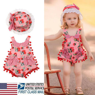 

USA Baby Girl Sleeveless Bobo Strawberry Romper Jumpsuit Hat Clothes Outfits