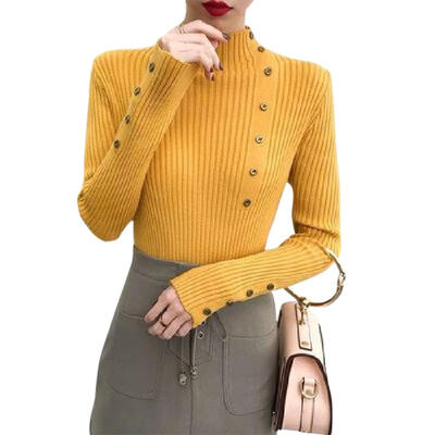 

Women Autumn Knit Base Shirt Half High Collar Pure Color Slim Pullover Tops
