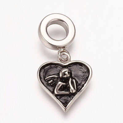 

304 Stainless Steel European Dangle Beads Large Hole Pendants Heart with Angel Antique Silver 26mm