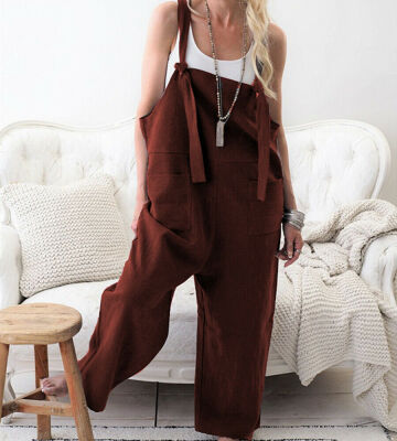 

Womens Casual Loose Linen Cotton Jumpsuit Dungarees Playsuit Trousers Overalls