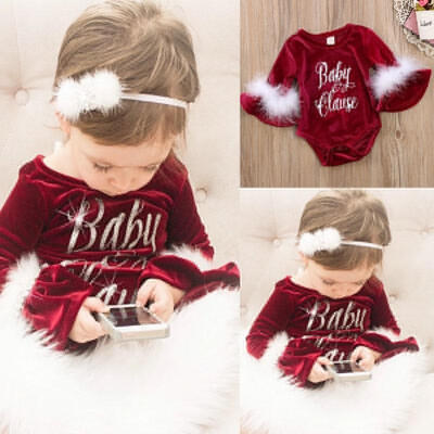 

XMAS Santa Baby Claus Kids Girls Fur Romper Jumpsuit Bodysuit Outfits Costume