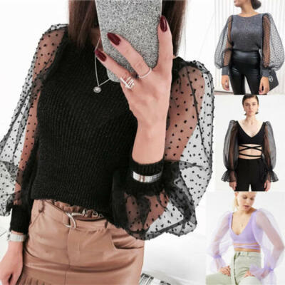 

US Stock Women Fashion Lace Mesh Sheer See-through Long Puff Sleeve Tops Blouse