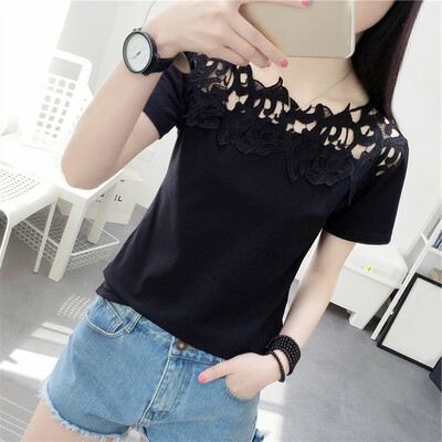 

Womens Hollow Lace Blouse Solid Short Sleeve Round Neck T Shirt Casual Tee Tops
